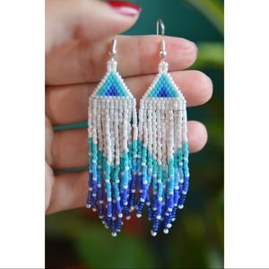 Long, hand beaded blue white earrings, chandelier